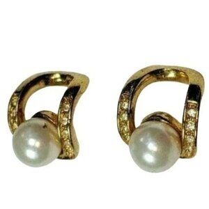 Vintage Gold-Tone Faux Pearl & Rhinestone  Earrings A318